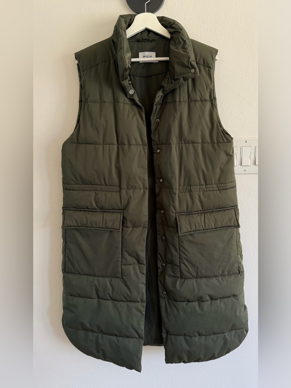 MSCH Copenhagen Long Olive Green Quilted Puffer Vest - Sleeveless Layering Coat